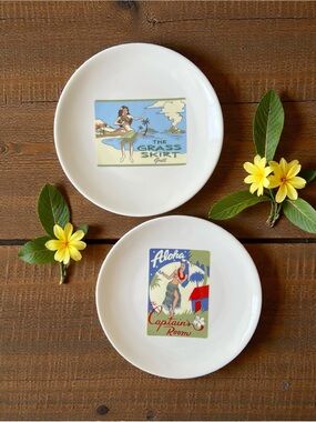 Pottery Barn Set of 2 Aloha Girls Cocktail Recipe Plates 8" Hawaiian Tiki Retro
